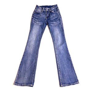 low-rise medium wash flared jeans